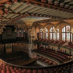 Stunning interior of Palau de la Música Catalana showcasing its ornate architecture and colorful details.